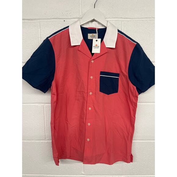 Marine layer Sz S Navy Dusty Rose Retro Colorblock Resort Camp Button Up Shirt - Picture 3 of 7